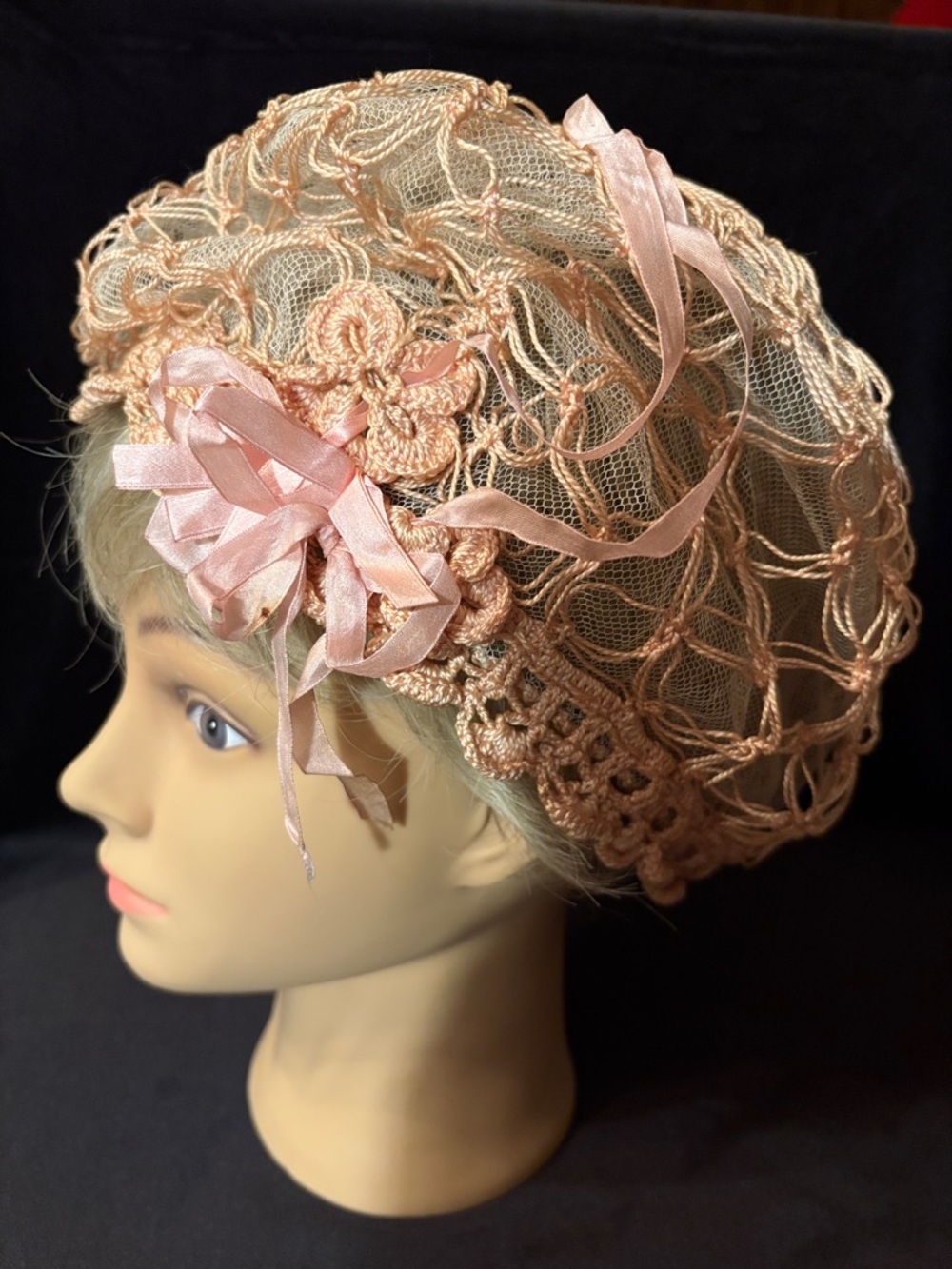 Antique Delicate Pink Crochet Lace Boudoir night cap with Ribbon Accent